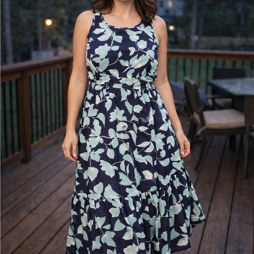 Christopher & Banks Navy and Mint Floral Midi Dress NWT